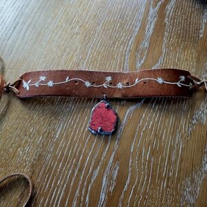 Handcrafted Brown Leather Necklace with Red Pendant